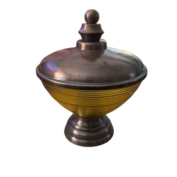 Vintage Mid Century Modern Glass Metal Candy Dish Large 7.5" Diameter Yellow Brn - Picture 4 of 11